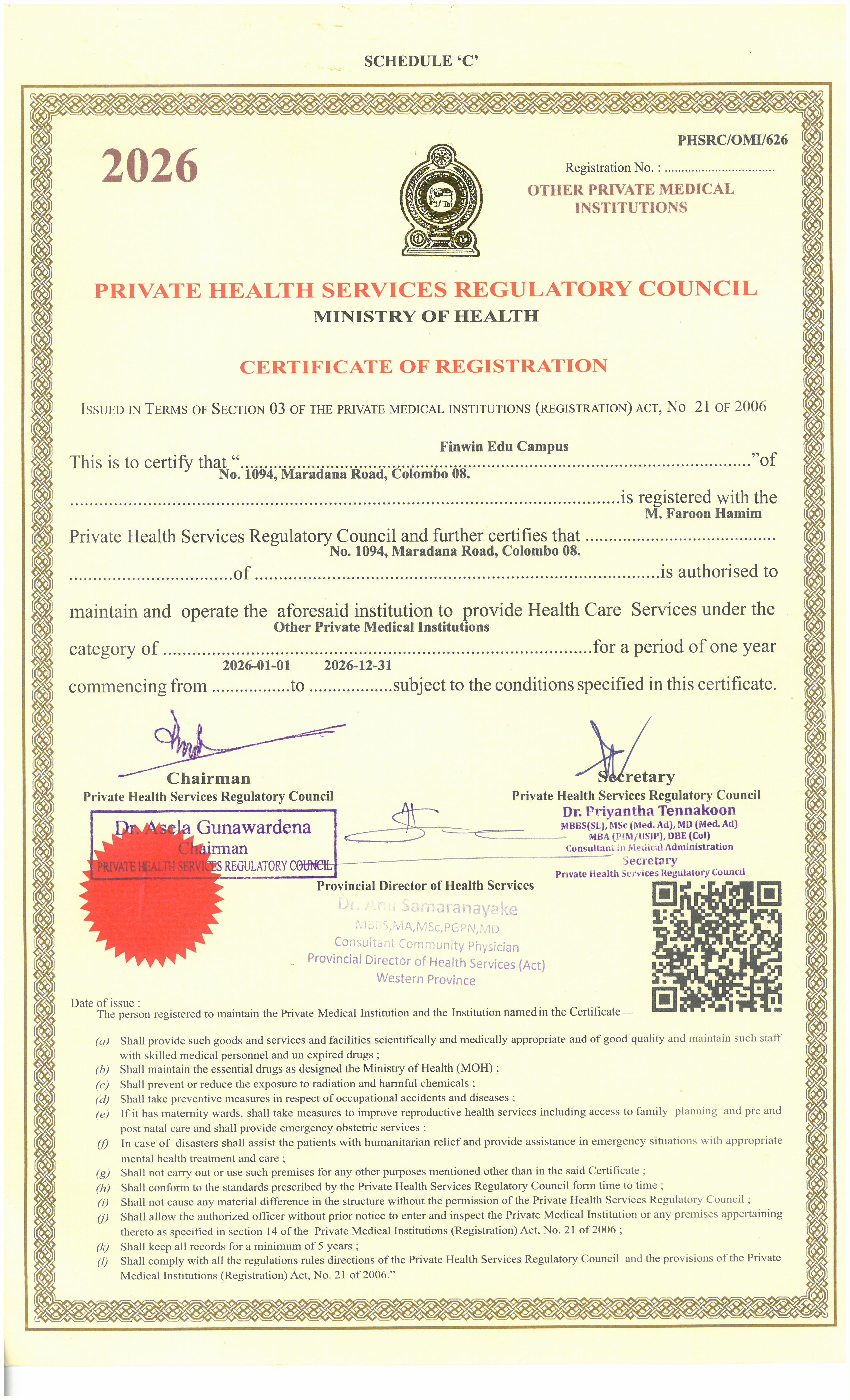 Finwin Edu Campus Certificate of Registration from the Private Health Services Regulatory Council
